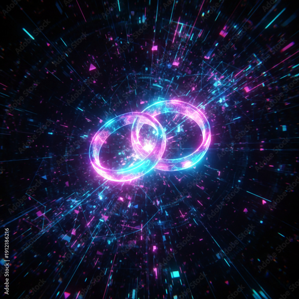 Obraz premium Glowing neon rings on a dynamic digital abstract background with geometric shapes, light effects and futuristic energy.