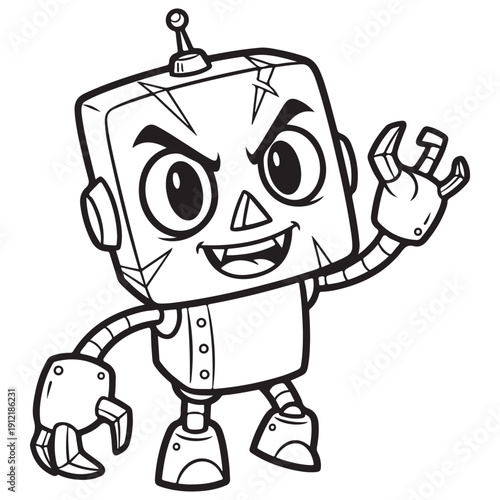 Mischievous Black and White Cartoon Robot Character Illustration