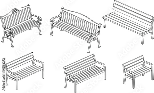 Park bench line art vector set isolated outdoor seating furniture illustration collection for urban design landscaping architecture and public space projects