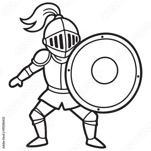 Black and White Line Art Illustration of a Cartoon Knight in Armor Holding a Round Shield