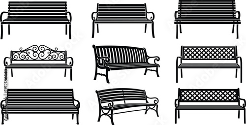 Park bench silhouette vector collection black and white outdoor seating furniture illustration set for urban design landscaping signage and graphic projects