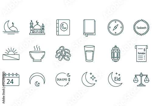 Collection of thin line vector icons representing essential symbols and activities associated with the holy month of Ramadan and Islamic observance practices