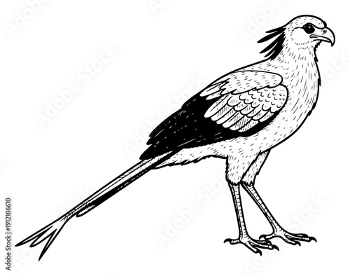 Secretary bird illustration featuring long legs and crest feathers in vintage engraving style