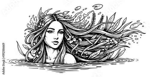 Mythical water nymph mermaid with flowing hair and aquatic plants in woodcut style