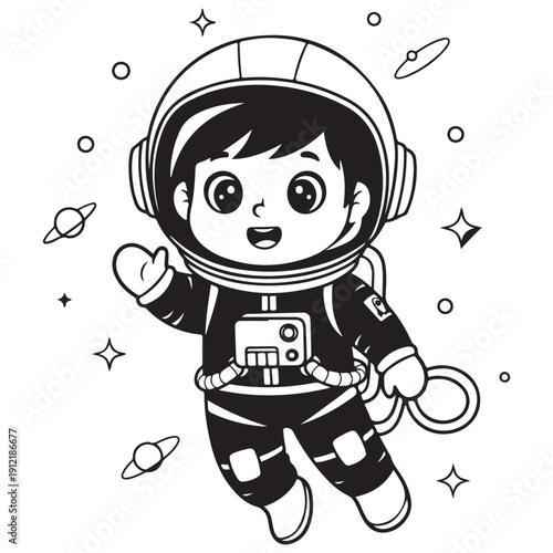 Cheerful Cartoon Astronaut Floating in Space with Planets and Stars