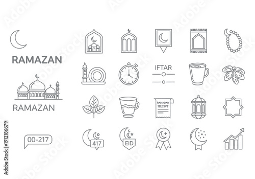 Collection of thin line icons representing various elements and symbols associated with the holy observance of Ramazan and Islamic traditions for religious design projects