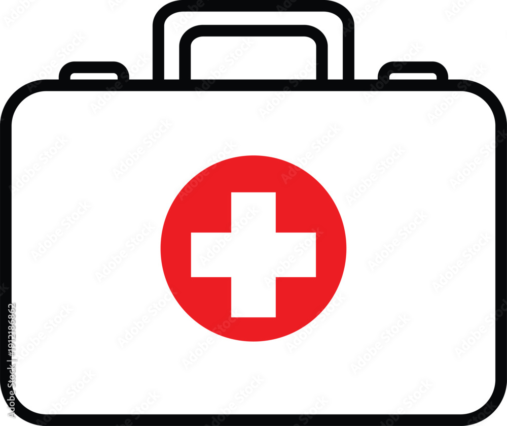 Obraz premium White first aid kit with red cross symbol and black outline medical kit healthcare