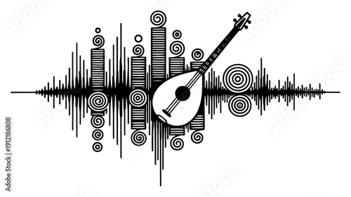 Stylized illustration of a traditional lute instrument with a digital sound wave pattern
