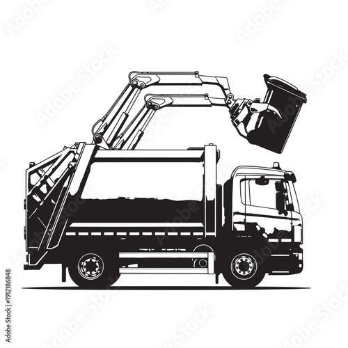 Industrial garbage truck with hydraulic crane for waste collection, urban street service vehicle.