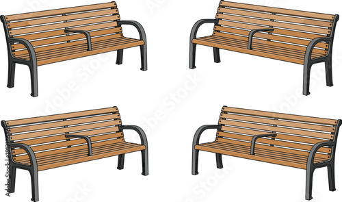 Set of wooden park benches with metal frames isolated on light background urban outdoor seating vector illustration collection for public space design