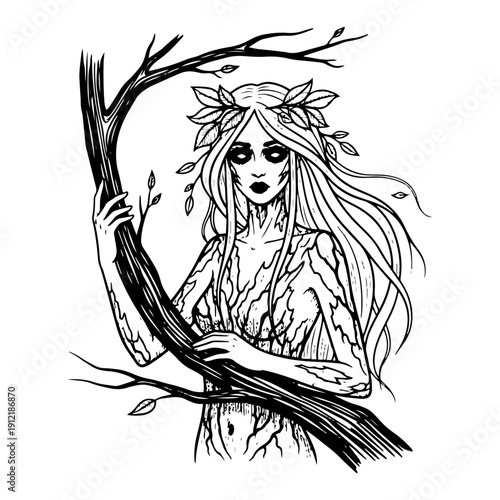 Mystical dryad woman merging with a tree branch in vintage woodcut style