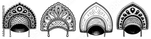 Four ornate traditional Russian kokoshnik headdresses with intricate folk embroidery patterns