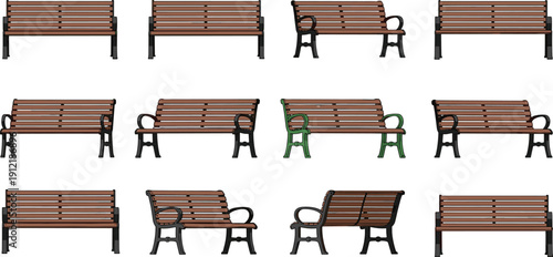 Set of wooden park benches in multiple angles with metal frames isolated on light background urban outdoor seating vector collection