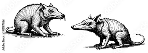 Detailed pair of rats or rodents in vintage woodcut engraving style