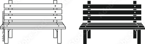 Wooden park bench front view outline and black silhouette isolated on light background outdoor seating vector illustration design