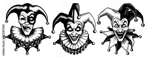 Set of sinister jester masks with evil smiles in vintage engraving style