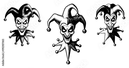 Set of three menacing medieval jester faces with twisted expressions in detailed linocut style