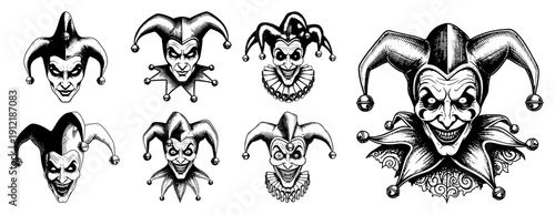 Collection of creepy evil jester heads with sinister smiles in vintage woodcut style