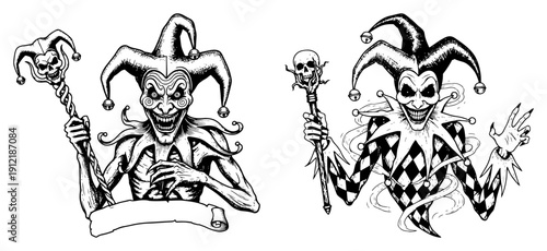 Sinister medieval jesters holding skull scepters in a traditional black and white woodcut style