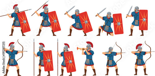 Ancient Roman soldier vector illustration set featuring legionary warriors with shields swords spears bows and trumpets in action poses