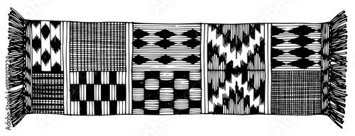 Long traditional woven rug with various ethnic geometric patterns and fringed edges in woodcut style