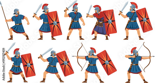 Ancient Roman warrior characters vector collection with legionary soldiers holding shields, swords, spears and bows in dynamic combat poses