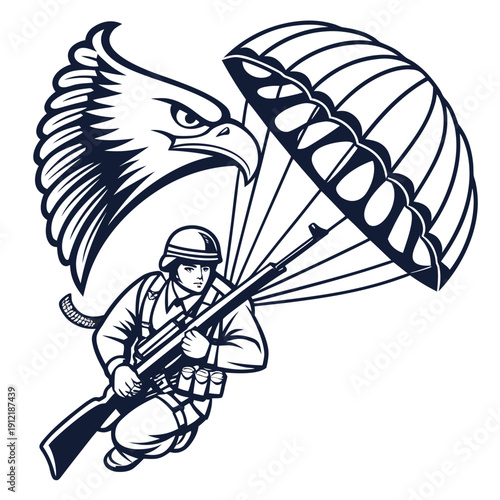 Soldier with parachute and rifle under eagle military