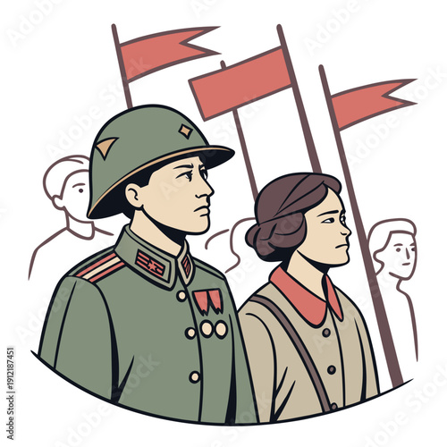 Soldier and woman with flags military uniform green