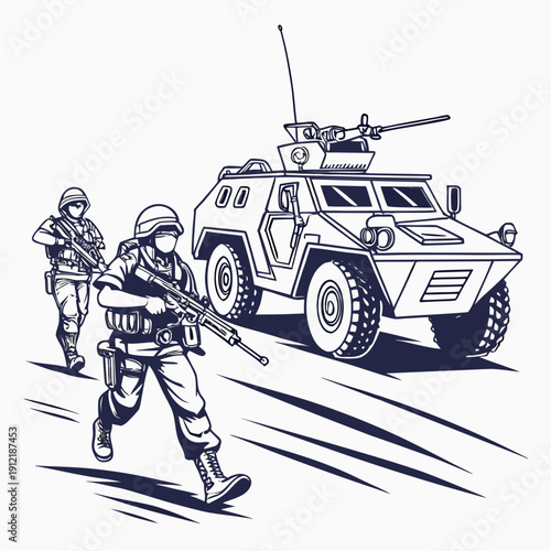 Soldiers running with armored vehicle and guns military