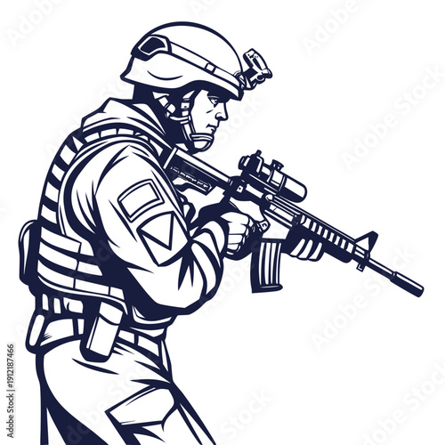 Soldier holding rifle with tactical gear military helmet