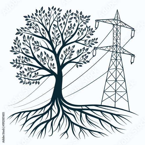 Tree roots shaped as power grid lines beside tower