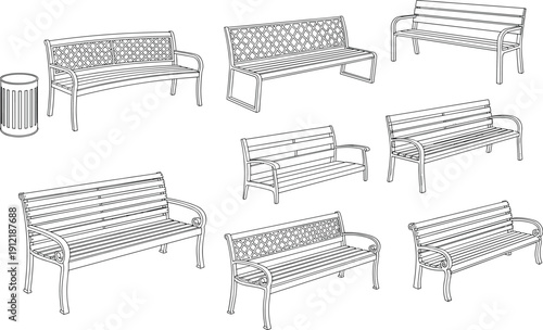 Collection of park benches and trash can in outline style isolated on light background outdoor urban furniture vector illustration