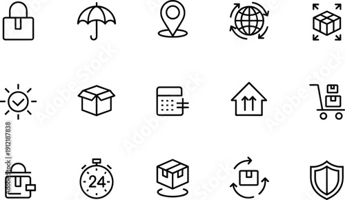 Vector linear icon set of shipping and logistics symbols featuring delivery packages tracking location global distribution warehouse safety and express service for ecommerce branding