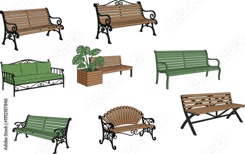 Isometric outdoor wooden bench furniture vector collection featuring park garden patio seating designs with metal frames for landscape exterior decor use