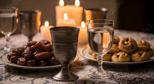 A shabbat dinner table setting with traditional jewish foods and wine