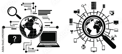 Vector silhouette illustration of global data analysis and research concepts