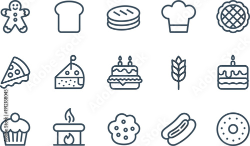 Vector linear icon set of bakery food featuring bread cake pizza chef hat cookies and sweets for restaurant menus culinary branding and cooking designs