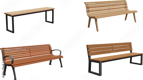 Modern wooden park benches and minimalist outdoor bench designs vector illustration isolated public seating furniture set for urban landscape projects