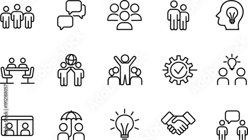 Vector linear icon set of business teamwork featuring people groups speech bubbles light bulbs handshake and gear symbols for corporate collaboration and leadership branding
