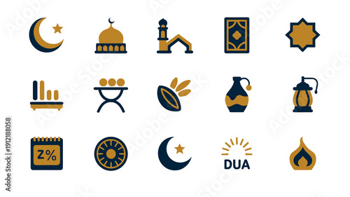Collection of stylized golden and dark blue icons representing important concepts associated with Islamic traditions and religious observance during holy times.