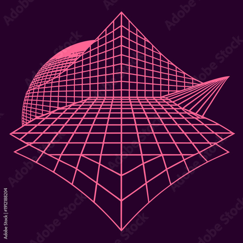 Distorted grid shapes isolated. Retrofuturistic warped mesh grid. Curved mesh abstract elements. Retro punk design element. Vector curve surface background.