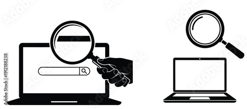 Vector silhouette magnifying glass search concept on laptops