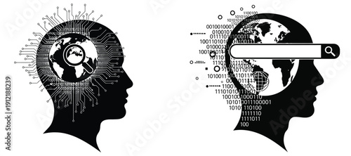 Vector silhouette of human heads with magnifying glass concept