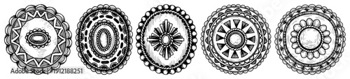 Row of decorative circular ornaments and mandala symbols with traditional folk design elements