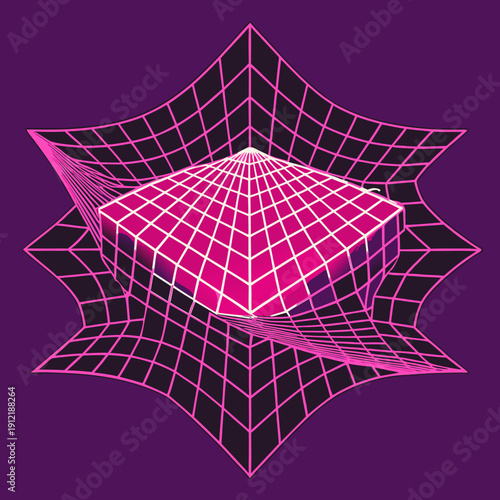 Distorted grid shapes isolated. Retrofuturistic warped mesh grid. Curved mesh abstract elements. Retro punk design element. Vector curve surface background.