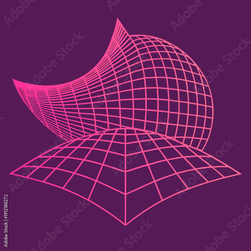 Distorted grid shapes isolated. Retrofuturistic warped mesh grid. Curved mesh abstract elements. Retro punk design element. Vector curve surface background.