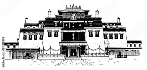 Symmetrical hand drawn illustration of a traditional Tibetan monastery building with historic architecture