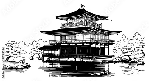 Artistic hand drawn sketch of a traditional Japanese pagoda temple over a calm pond landscape