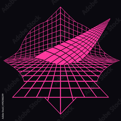 Distorted grid shapes isolated. Retrofuturistic warped mesh grid. Curved mesh abstract elements. Retro punk design element. Vector curve surface background.