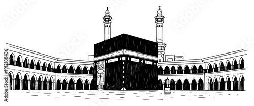Detailed sketch of the Holy Kaaba in Mecca with the surrounding Grand Mosque architecture
